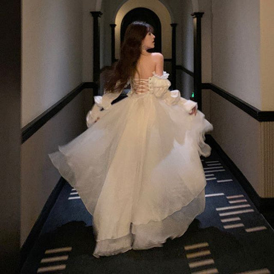 Low Sweetheart Mesh Long-Sleeve Evening Gown High Neckline