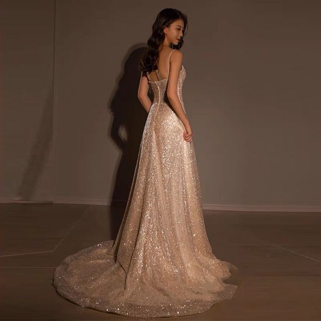 Spaghetti Evening Trained Neckline Strap Gown A-Line Glitter Sweetheart