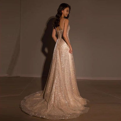Spaghetti Evening Trained Neckline Strap Gown A-Line Glitter Sweetheart