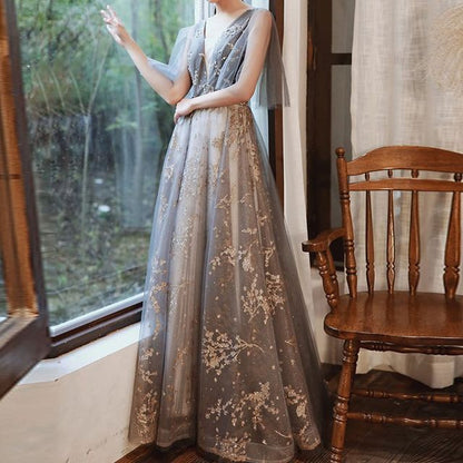 Mesh Sleeveless Evening Gown A-Line V-Neck