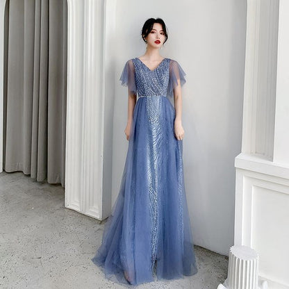 Flare-Sleeve V-Neck Mesh A-Line Evening Gown