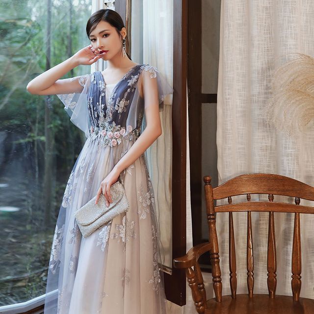 Mesh Sleeveless Evening Gown A-Line V-Neck