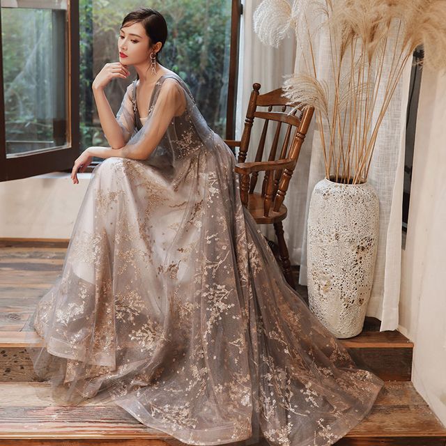 Mesh Sleeveless Evening Gown A-Line V-Neck