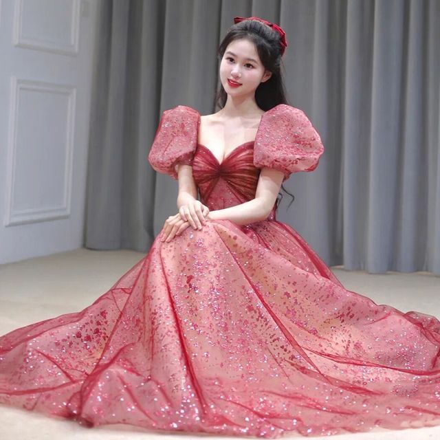 Gown Puff-Sleeve Sequined Evening Sweetheart A-Line Neckline