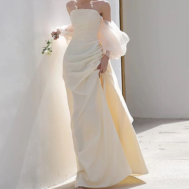 Off-Shoulder Gown Evening Puff-Sleeve Plain Sheath
