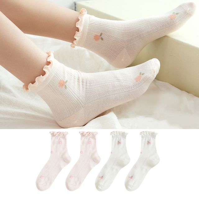 Set of 4 Pairs: Floral Print Lettuce Edge Socks