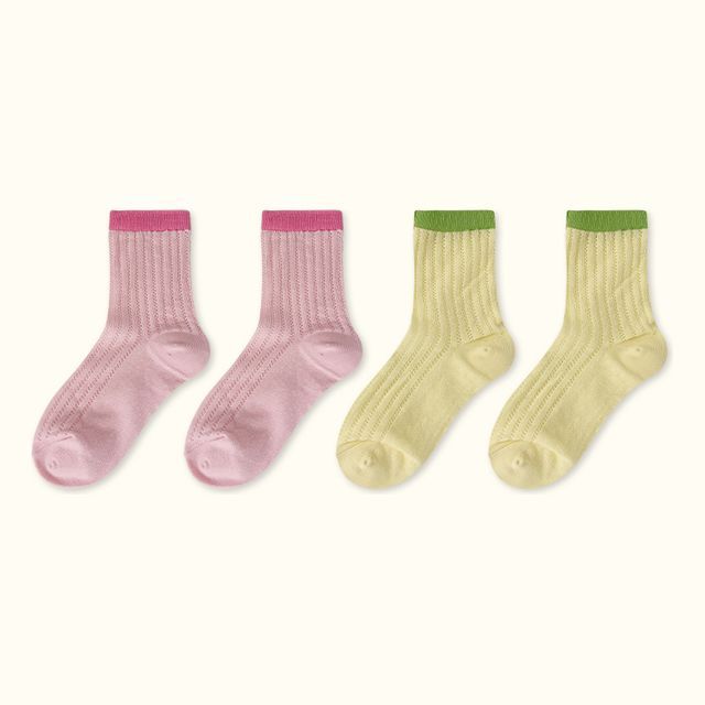 Contrast Trim Pointelle Knit Socks / Set