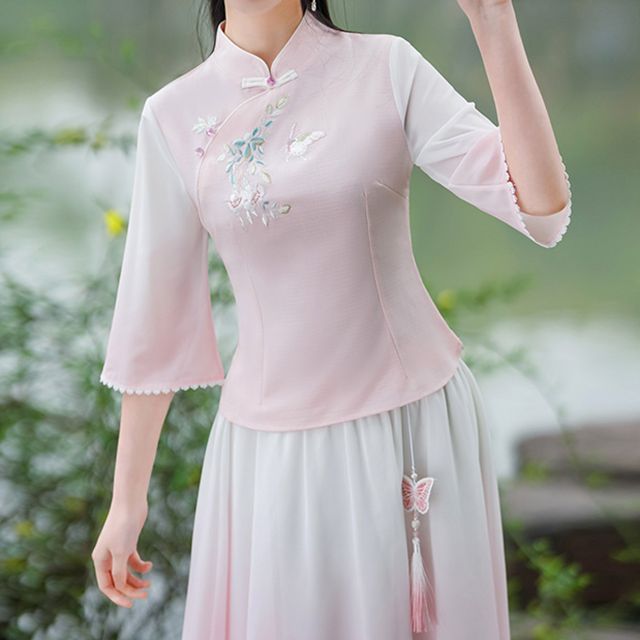 Traditional Chinese 3/4-Sleeve Top / High Rise Midi A-Line Skirt