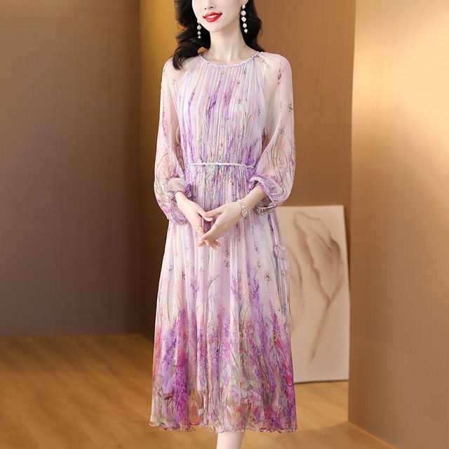 Long-Sleeve Crew Neck Floral Print Midi A-Line Dress