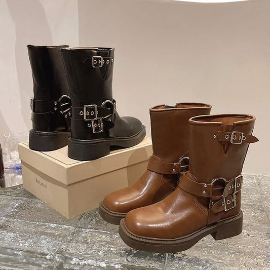Short Boots Heel Buckled Chunky