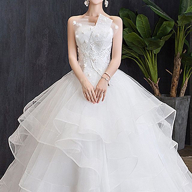 Strapless Flower Accent Wedding Ball Gown