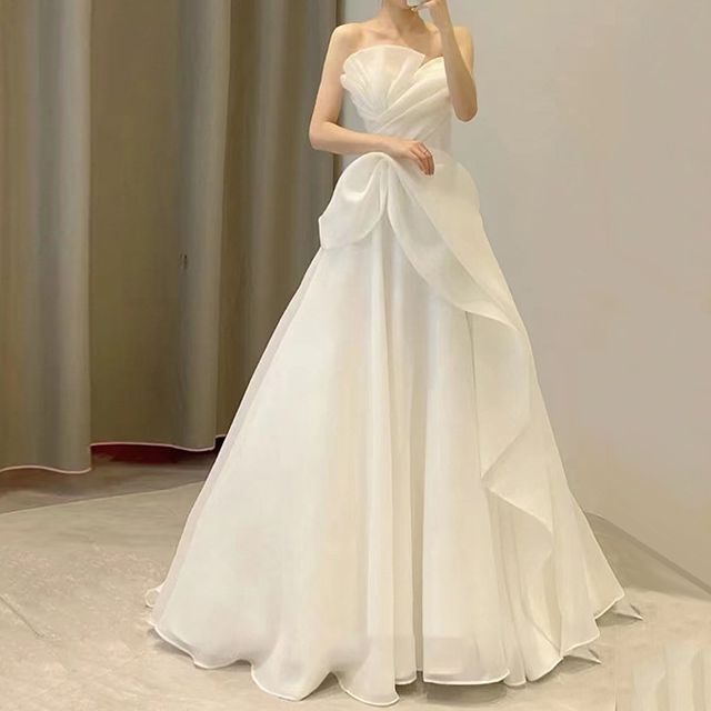 Wedding Gown Ball Strapless Asymmetrical Shirred Ruffled