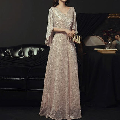 Elbow-Sleeve V-Neck Sequined Belted A-Line Evening Gown