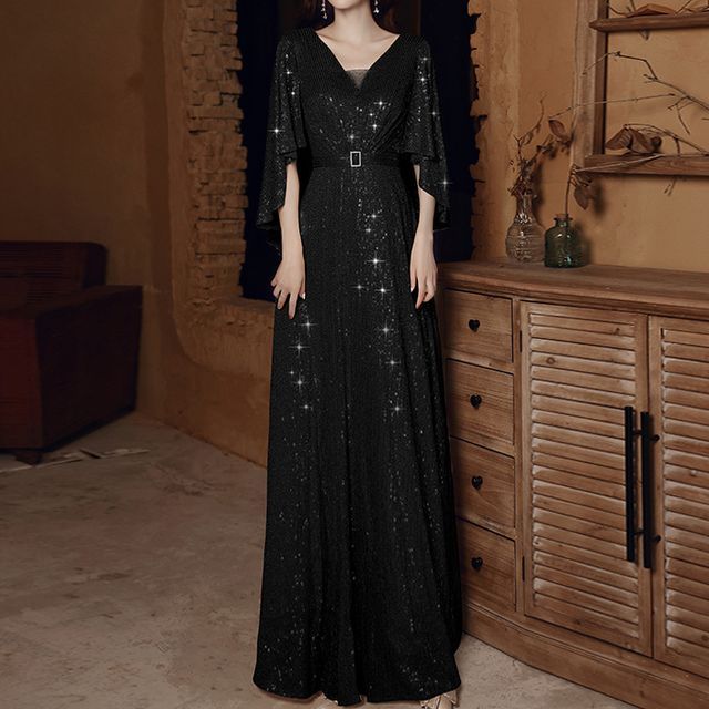 Elbow-Sleeve V-Neck Sequined Belted A-Line Evening Gown