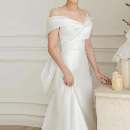 Off-Shoulder Shirred Bow-Back A-Line Wedding Gown