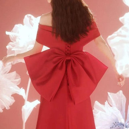 Bow-Back Off-Shoulder Gown Wedding A-Line Shirred