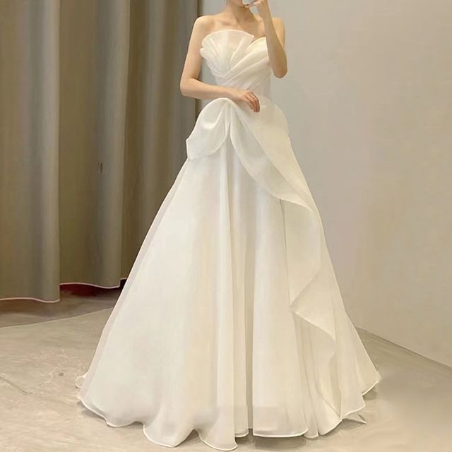 Wedding Gown Ball Strapless Asymmetrical Shirred Ruffled