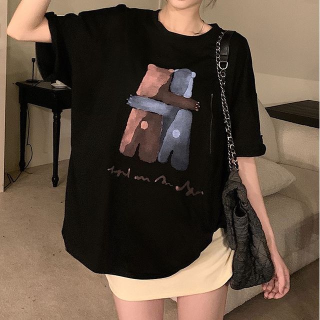 Elbow-Sleeve Crew Neck Illustration Print T-Shirt