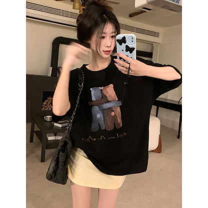 Elbow-Sleeve Crew Neck Illustration Print T-Shirt