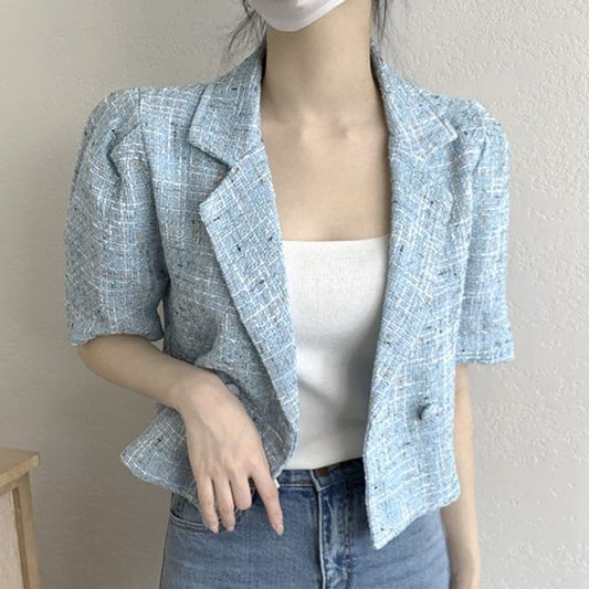 Short-Sleeve Double Breasted Plaid Crop Blazer