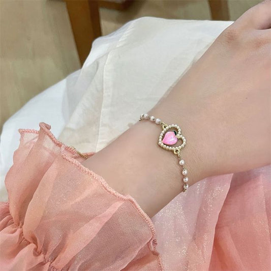 Faux Peach Heart Bracelet Pearl
