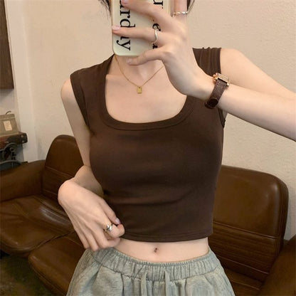 Square Neck Plain Crop Tank Top