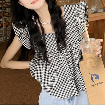 Sleeveless Gingham Ruffle Blouse