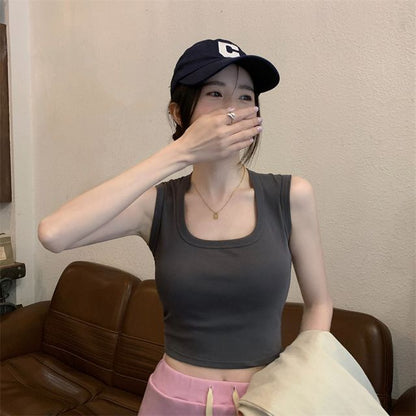 Square Neck Plain Crop Tank Top