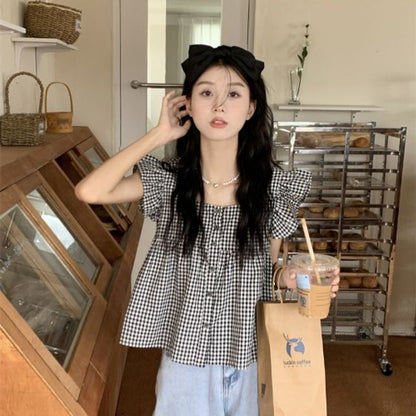 Sleeveless Gingham Ruffle Blouse