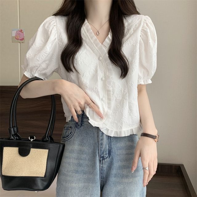 Short-Sleeve V-Neck Frill Jacquard Blouse
