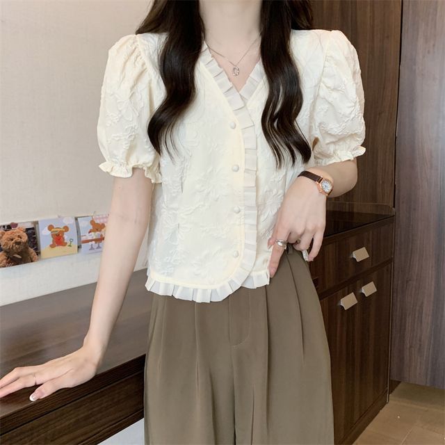 Short-Sleeve V-Neck Frill Jacquard Blouse
