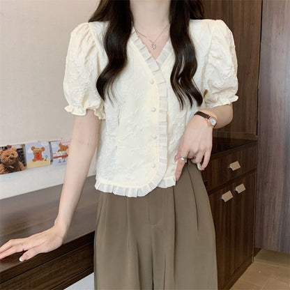 Short-Sleeve V-Neck Frill Jacquard Blouse