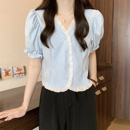 Short-Sleeve V-Neck Frill Jacquard Blouse