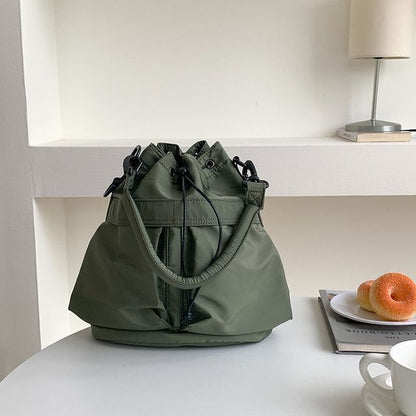 Multi-Pocket Drawstring Nylon Bucket Bag
