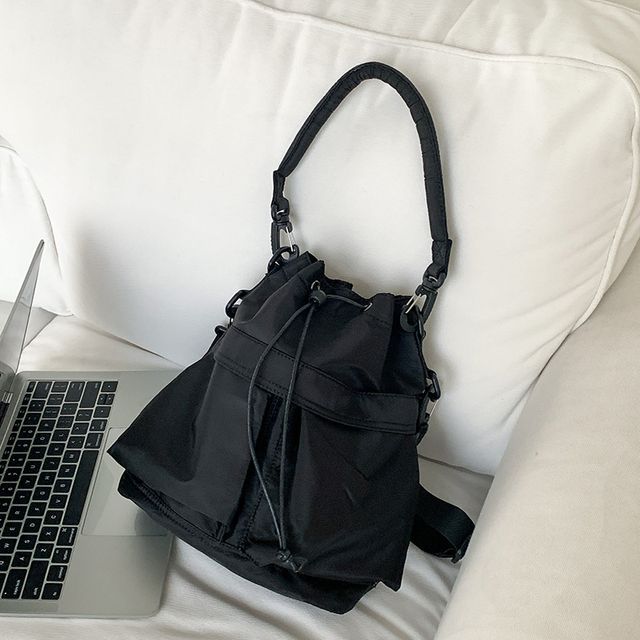 Multi-Pocket Drawstring Nylon Bucket Bag