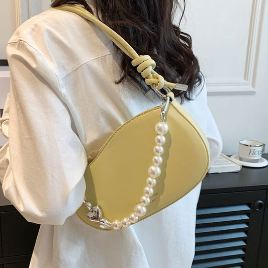 Faux Leather Faux Pearl Strap Shoulder Bag