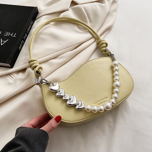 Faux Leather Faux Pearl Strap Shoulder Bag