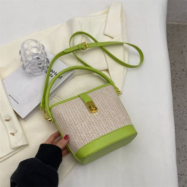 Woven Top Handle Buckled Bucket Bag