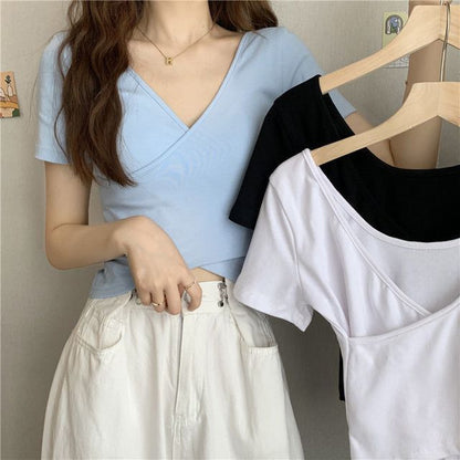 Short-Sleeve V-Neck Plain Wrap Crop T-Shirt