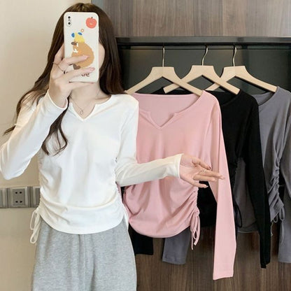 Long-Sleeve V-Neck Plain Drawstring T-Shirt