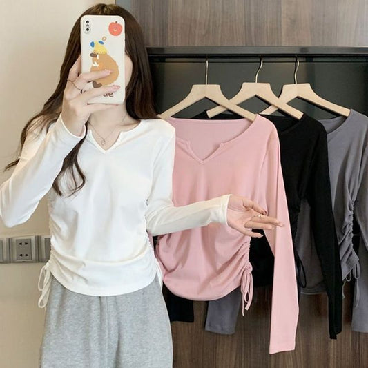 Long-Sleeve V-Neck Plain Drawstring T-Shirt