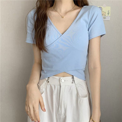 Short-Sleeve V-Neck Plain Wrap Crop T-Shirt