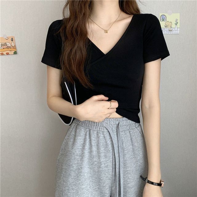 Short-Sleeve V-Neck Plain Wrap Crop T-Shirt