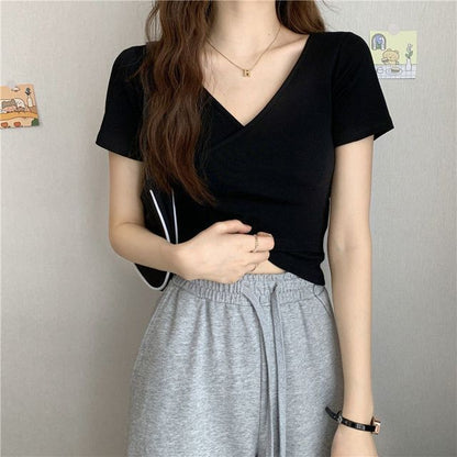 Short-Sleeve V-Neck Plain Wrap Crop T-Shirt