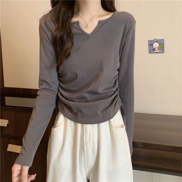 Long-Sleeve V-Neck Plain Drawstring T-Shirt