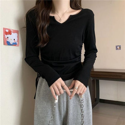 Long-Sleeve V-Neck Plain Drawstring T-Shirt