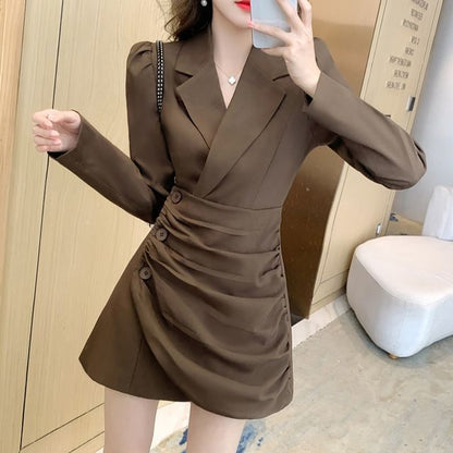 Long-Sleeve Wrapped Plain Mini Blazer Dress