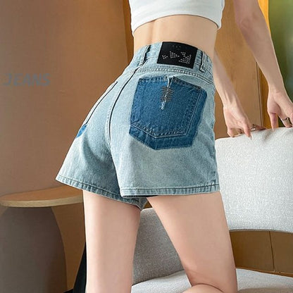 High Waist Embroidered Applique Denim Hot Pants