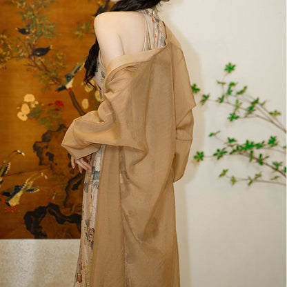 Halter-Neck Floral Print Midi Mermaid Dress / Puff-Sleeve Open Front Cardigan / Set