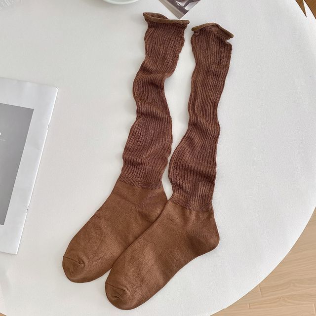 Set of 2 Pairs: Plain Ribbed Shirred Tall Socks